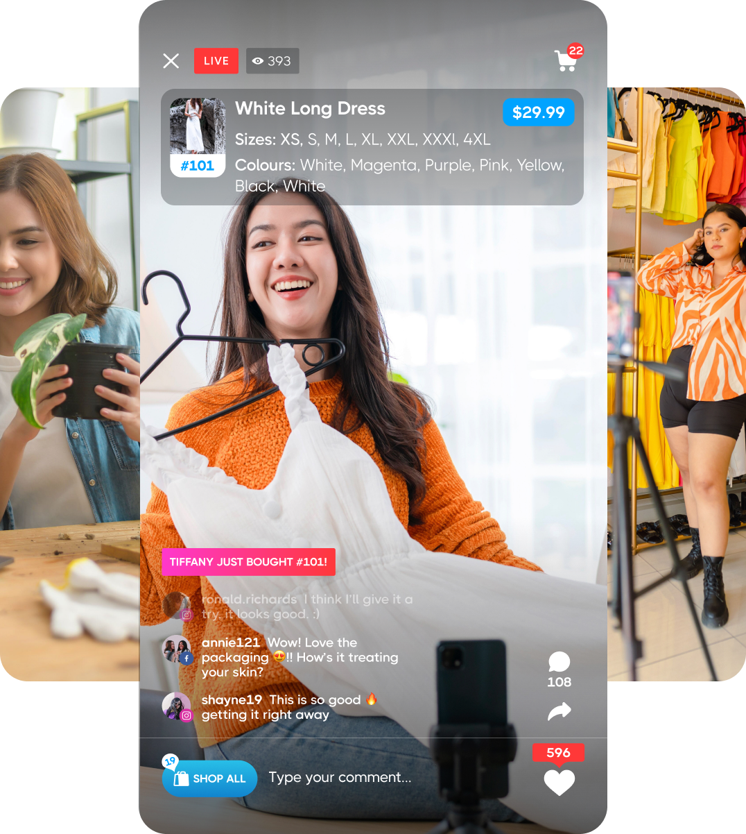 Buy Social live selling experience — live stream with comment-to-cart, product overlays, and real-time purchases