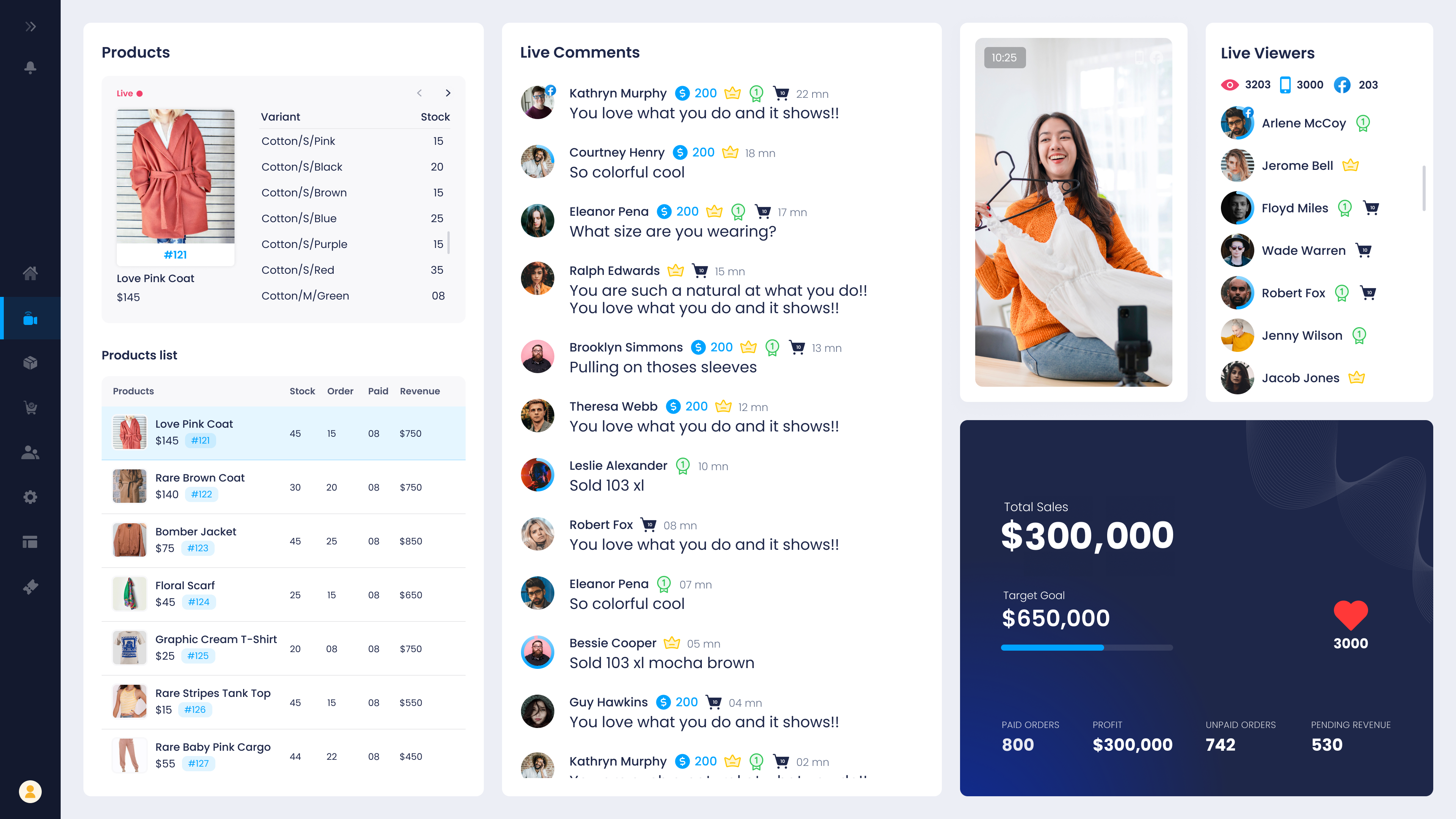 Buy Social liveshow dashboard showing an extended Facebook Live session with real-time sales metrics and order count